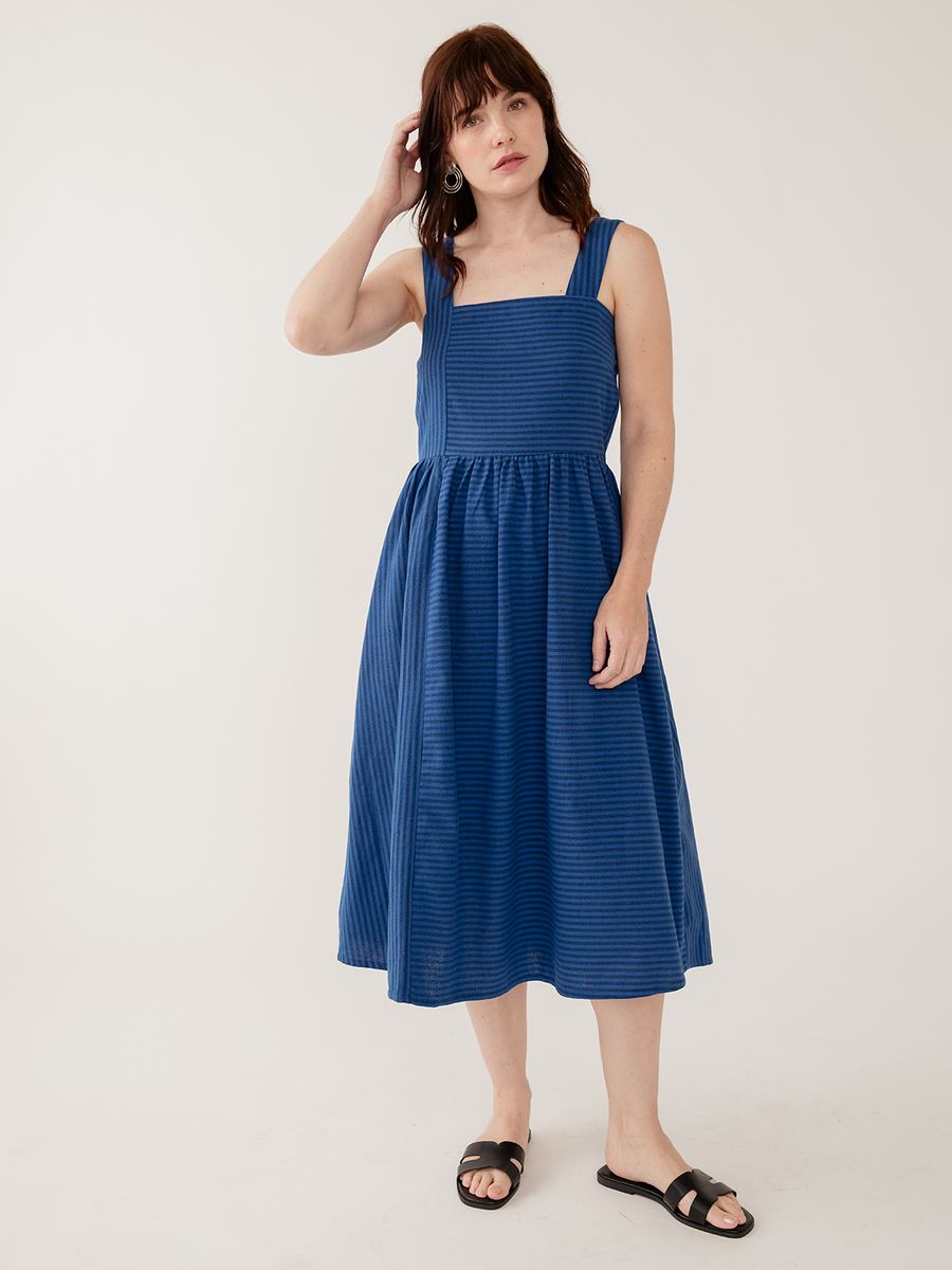 Nikita Midi Dress in Cerulean Stripe | Fair Trade Cotton