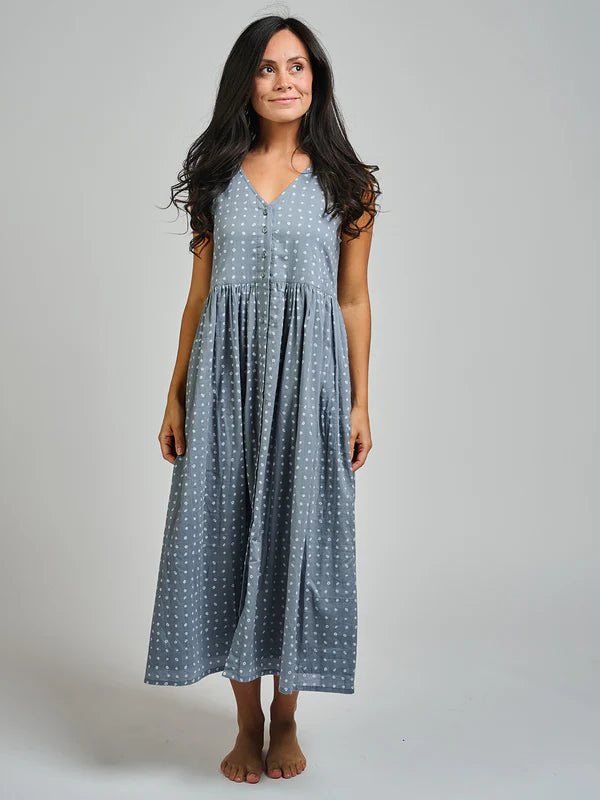 Mata Traders 100% Cotton Olivia Dress in Slate Blue Dots