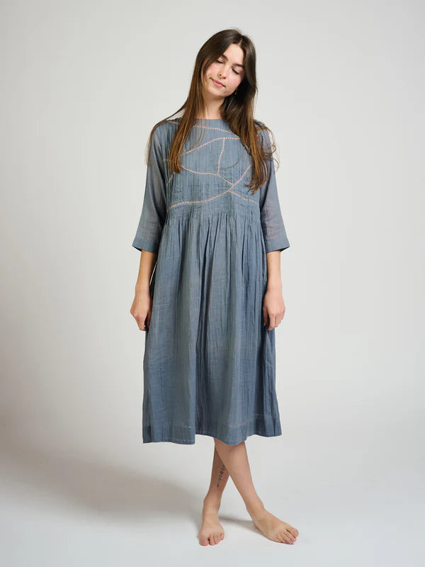 Mata Traders 100% Mulmul Cotton Alma Pintucked Dress in Slate Blue