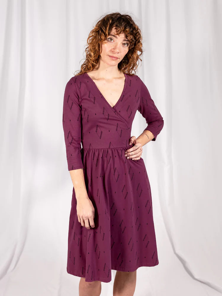 Mata Traders Callie Long Sleeve Faux Wrap Dress in Dark Purple Diamond Vine