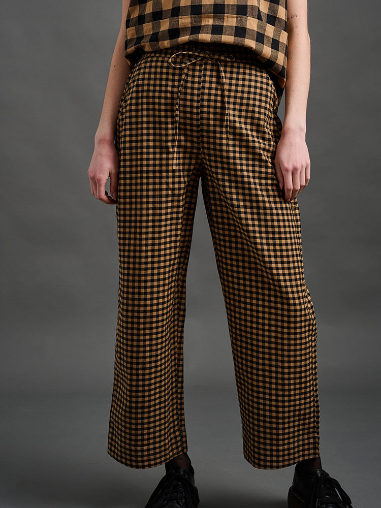 Mata Traders Cotton Elastic Drawstring Waist Emmy Pant in Black & Tan Small Gingham