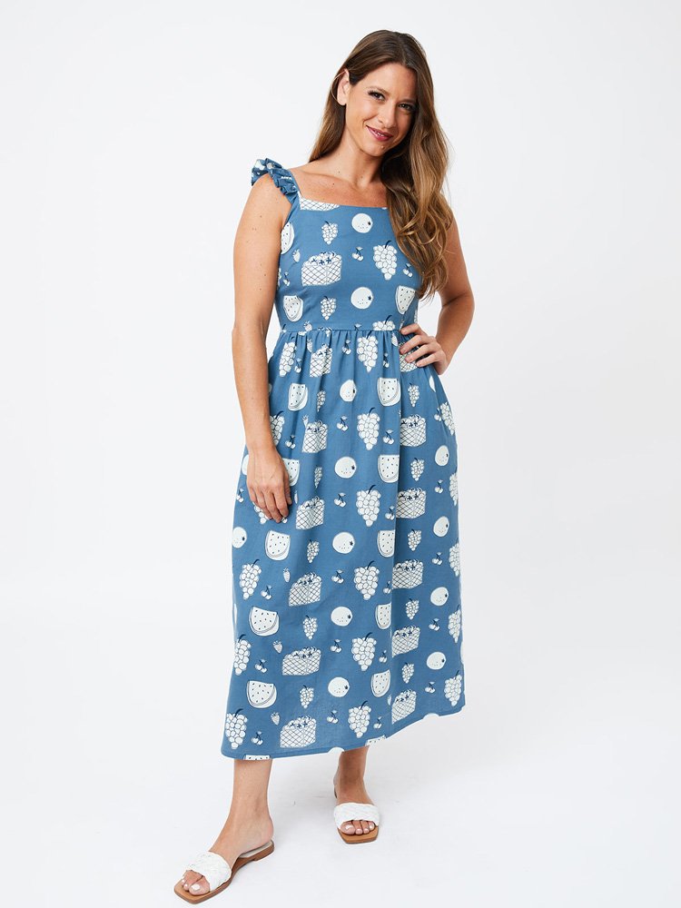 Mata Traders Cotton Hand Screen Printed Ruffle Strap Dress in Fruity Blue