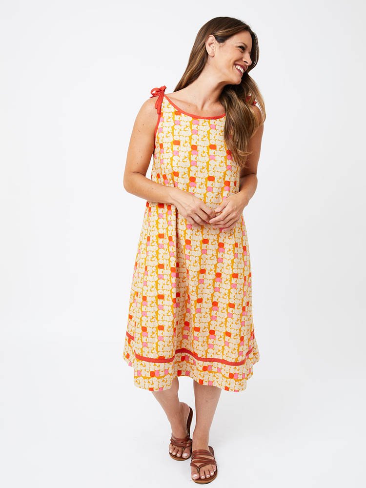 Mata Traders Cotton Hand Screen Printed Stevie Swing Dress in One of a Kind Turmeric