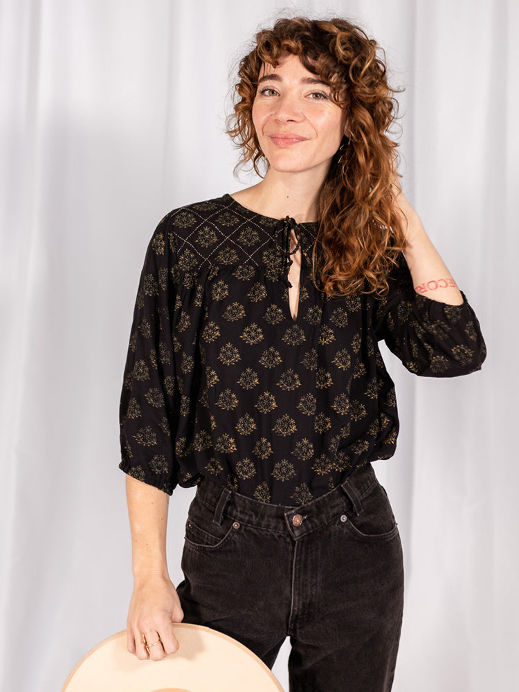 Mata Traders Cotton Long Sleeve Hand Embroidered Devi Blouse Top in Black Floral Stamp