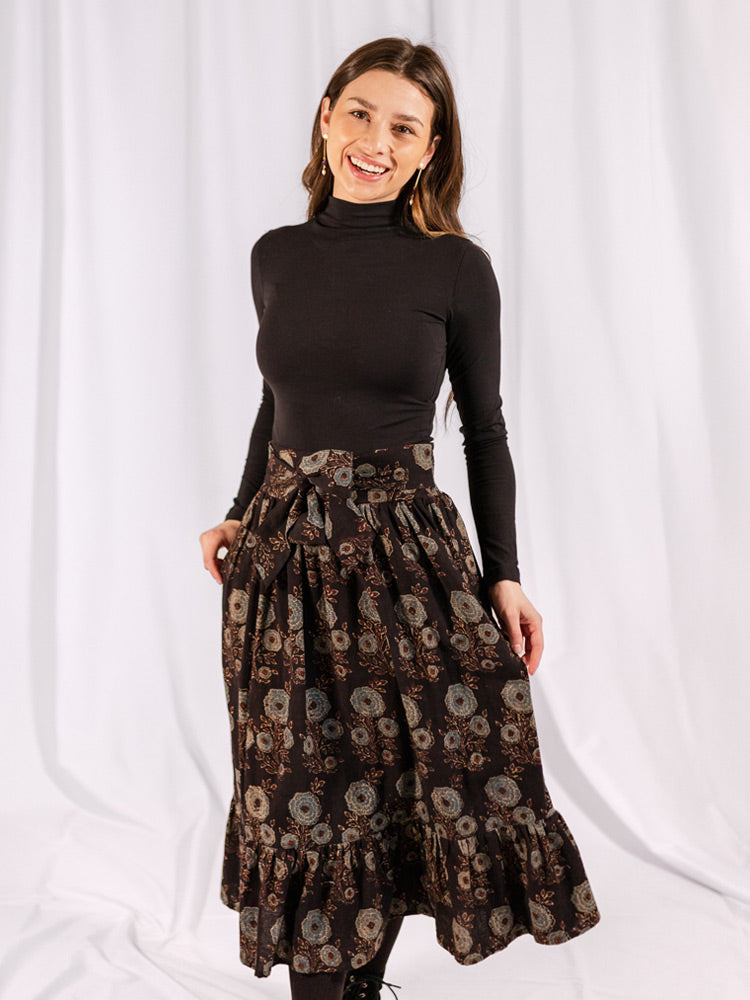Mata Traders Cotton Nahla Tiered Midi Skirt in Fall Blossom