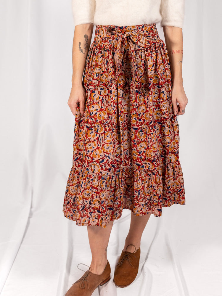 Mata Traders Cotton Nahla Tiered Midi Skirt in Ruby Floral
