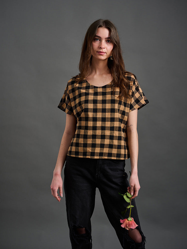 Mata Traders Cotton Odelia Top in Black and Tan Gingham