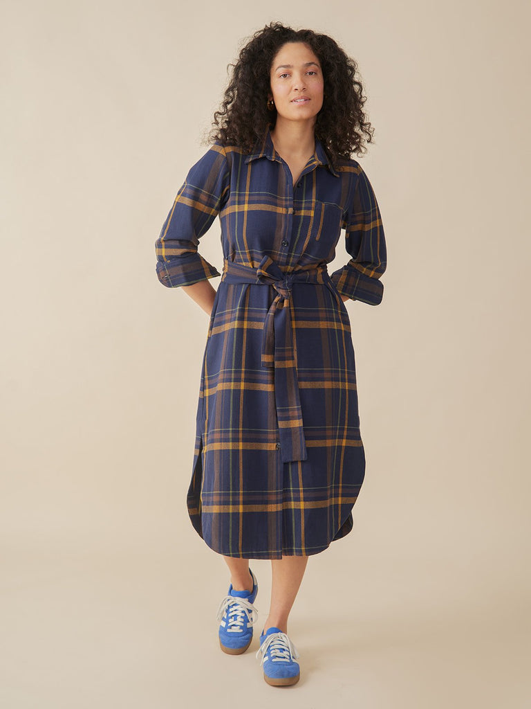 Mata Traders Cotton Sutton Shirt Dress in Navy Yellow Plaid