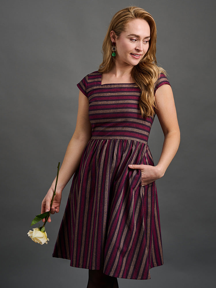 Mata Traders Cotton Woven Rupi Square Neck Dress in Berry Stripe