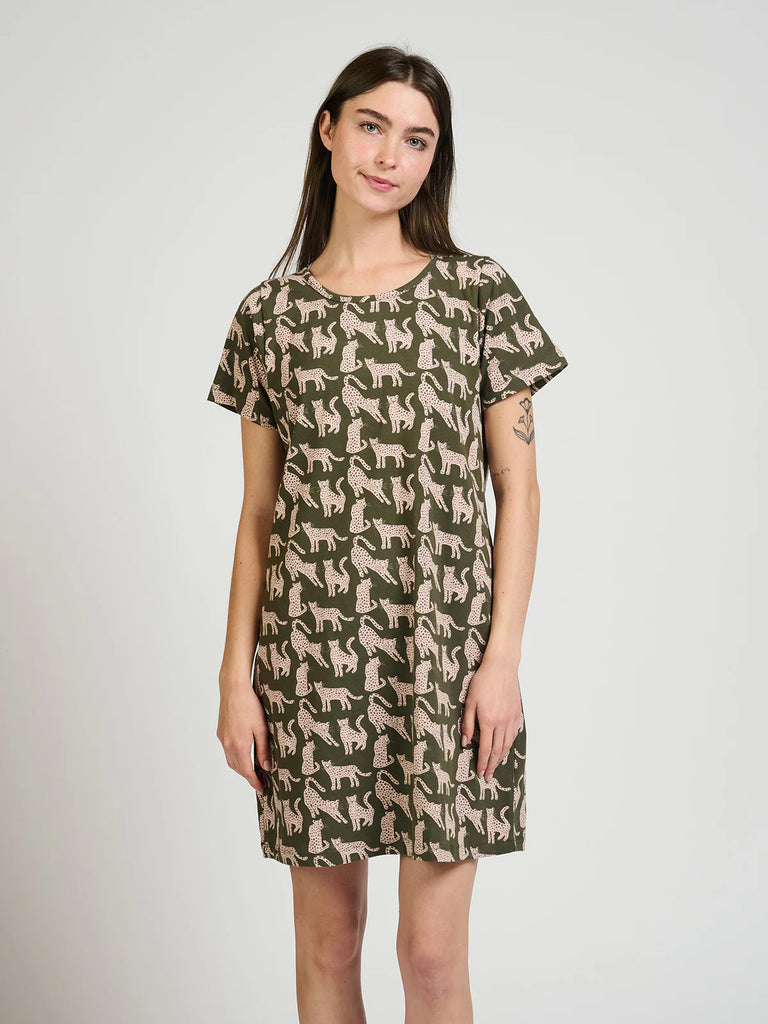 Mata Traders Organic Cotton Blend Hudson Shirt Dress in Leopard Green