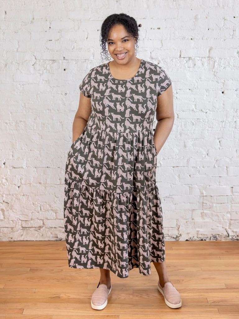 Mata Traders Organic Cotton Blend Tiered Cotton Jersey Dress - Leopard Green