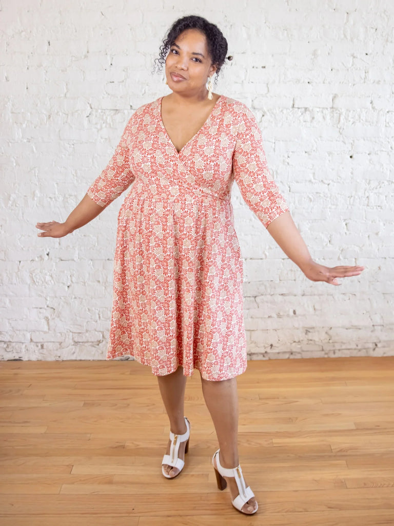 Mata Traders Callie Long Sleeve Faux Wrap Dress in Matisse Vermillion
