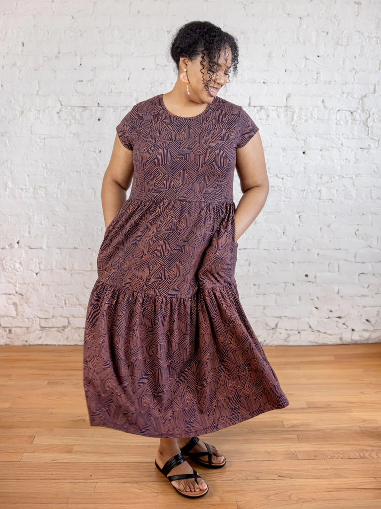 Mata Traders Tiered Cotton Jersey Dress - Tree Rings Blue