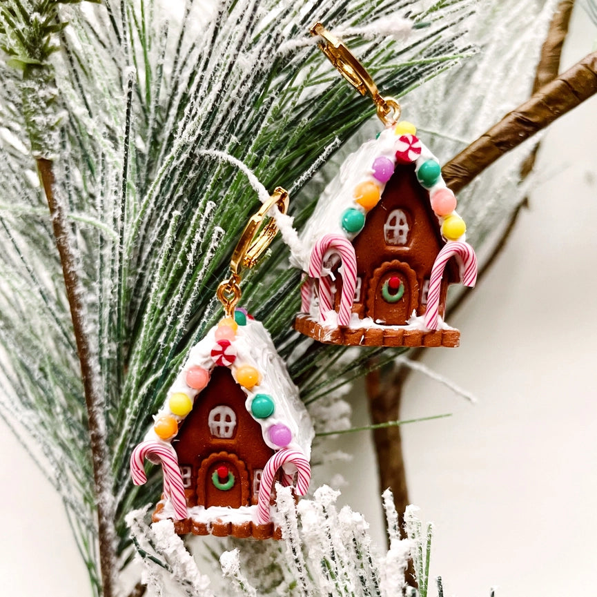 Meadow & Mae Gingerbread House Dangle Huggie Hoop Polymer Clay Holiday Stud Earrings