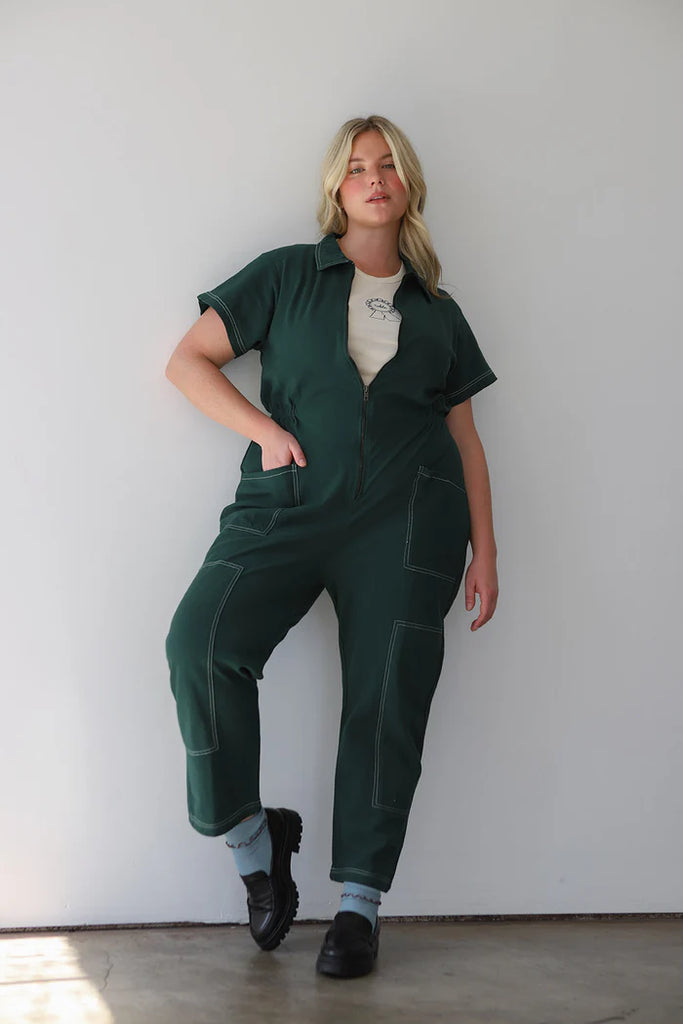 Noble Clothing 100% GOTS Organic Pima Cotton Canvas Utility Jumpsuit in Hunter Green