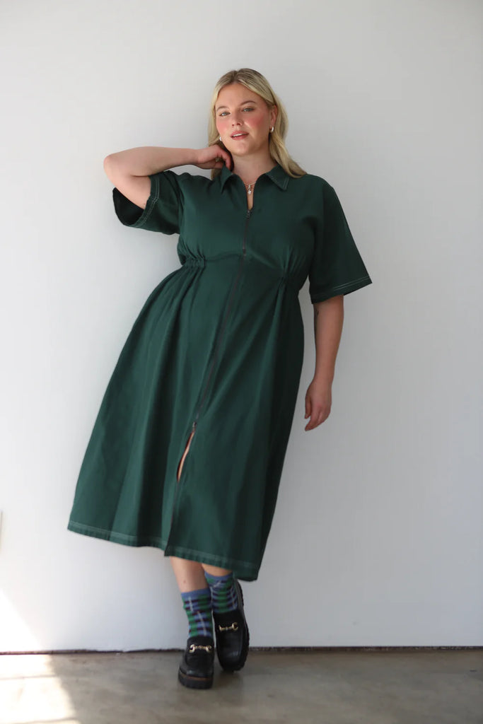 Noble Clothing 100% GOTS Organic Pima Cotton Canvas Utility Midi Dress in Hunter Green