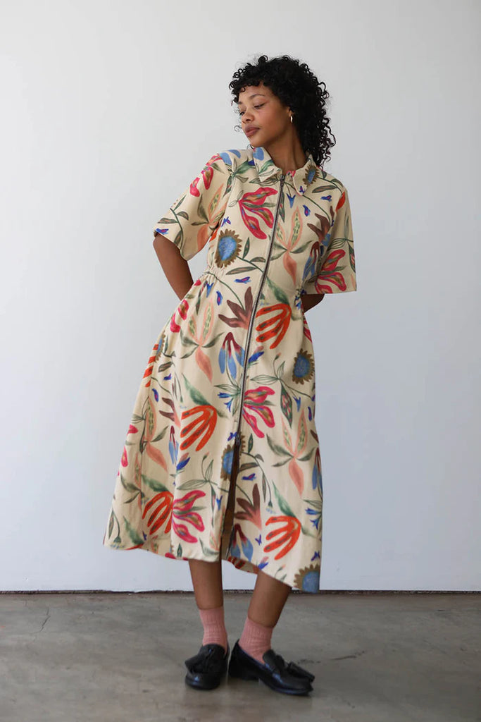 Noble Clothing 100% GOTS Organic Pima Cotton Canvas Utility Midi Dress in Laura Burke Print