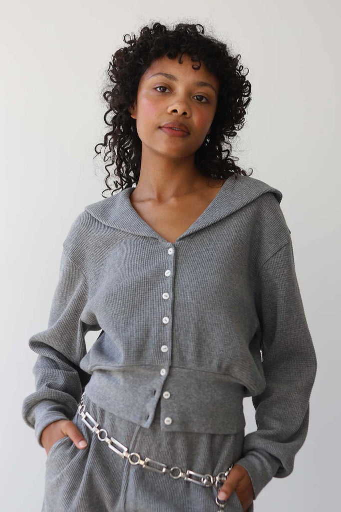 Noble Clothing 100% GOTS Organic Pima Cotton Waffle Sailor Cardigan in Heather Grey