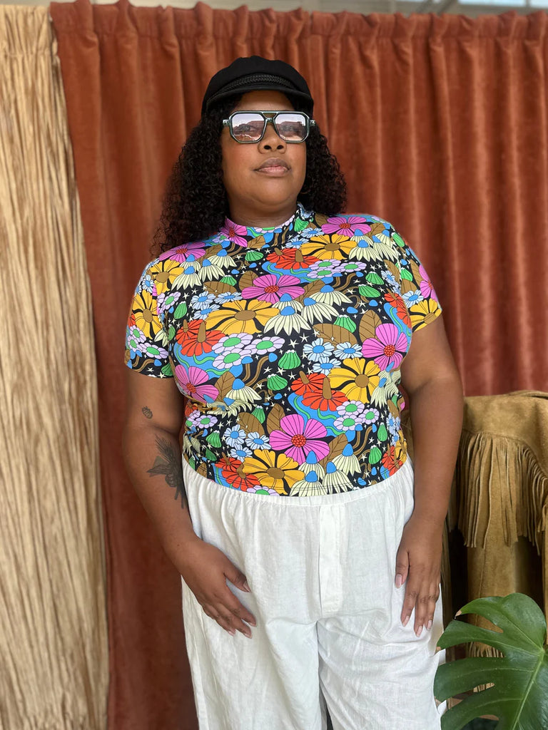 NooWorks Stretch Cotton Jersey Cosmic Floral Mock Neck Top Artist Elizabeth Olwen