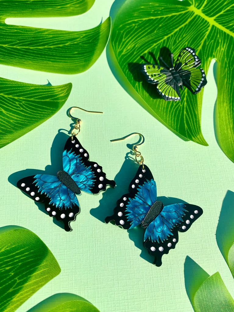 Not Picasso Laser Cut Acrylic Blue Morpho Butterfly Dangle Earrings