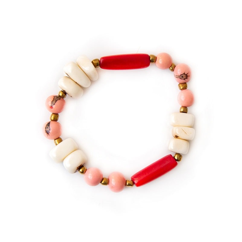 Organic Tagua Jewelry Handcrafted Julie Bracelet - Red, Pink & Ivory