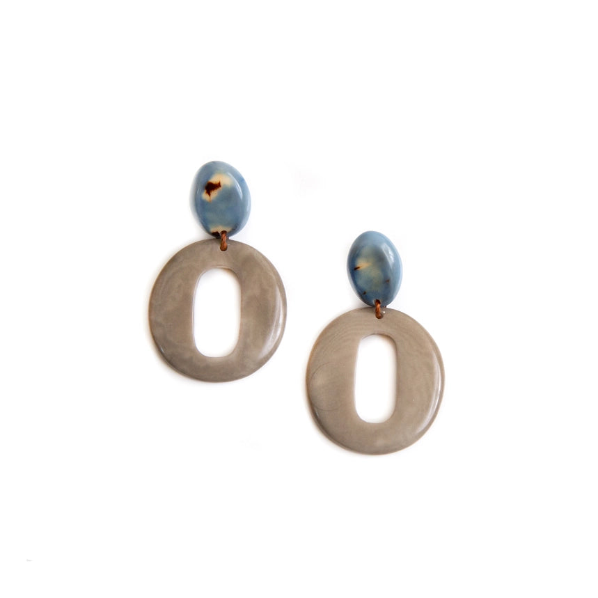 Organic Tagua Jewelry Handcrafted Tagua Lucrecia Earrings - Charcoal Gray and Biscayne Bay