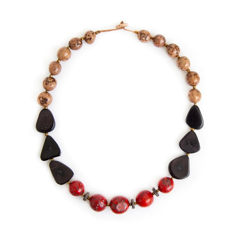Organic Tagua Jewelry Handcrafted Tagua Olmedo Necklace - Cafe Con Leche, Onyx, and Red