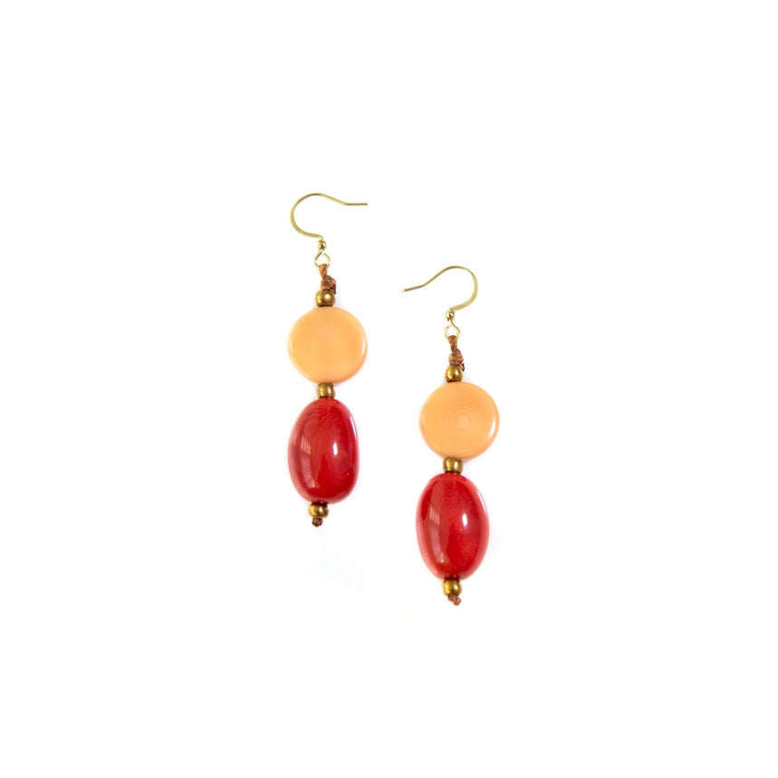 Organic Tagua Jewelry Handcrafted Tagua Sari Earrings - Red & Peach