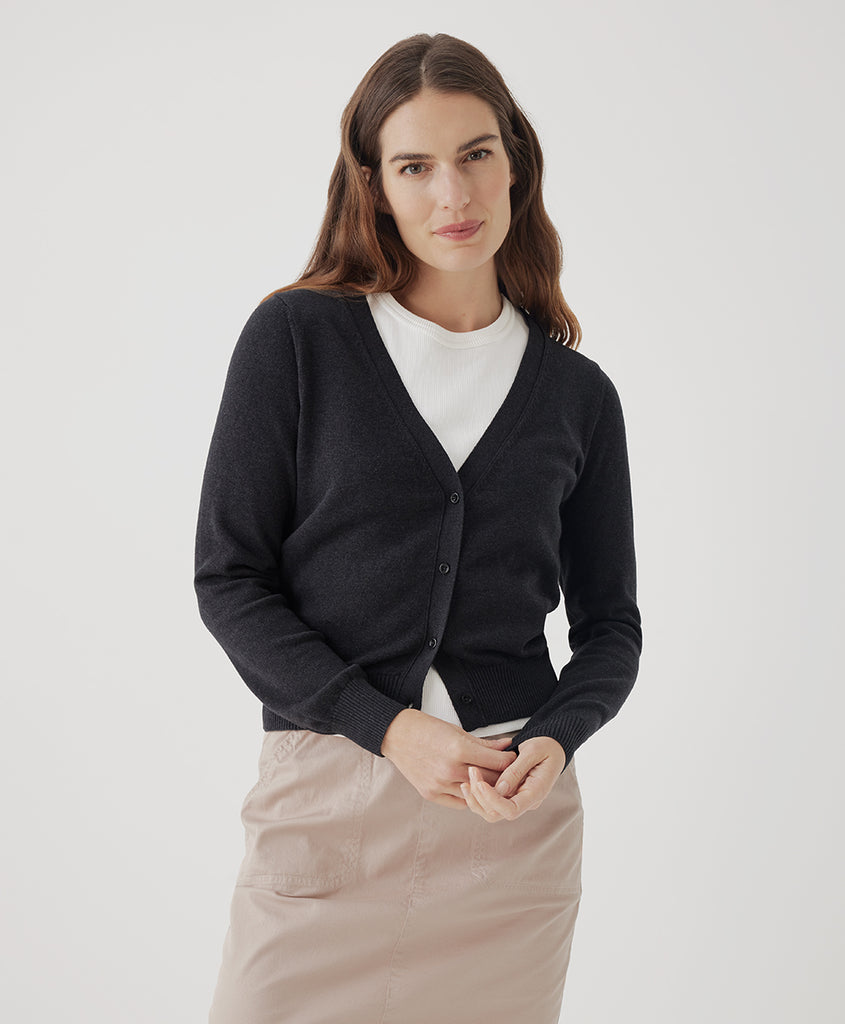 Pact Clothing GOTS Certified Organic Cotton Classic Fine Knit Cardigan in Black Heather