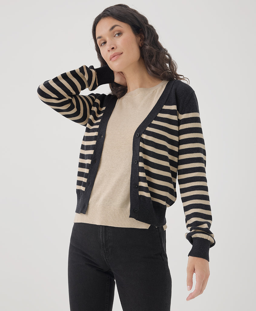 Pact Clothing GOTS Certified Organic Cotton Classic Fine Knit Cardigan in Everyday Black Stripe