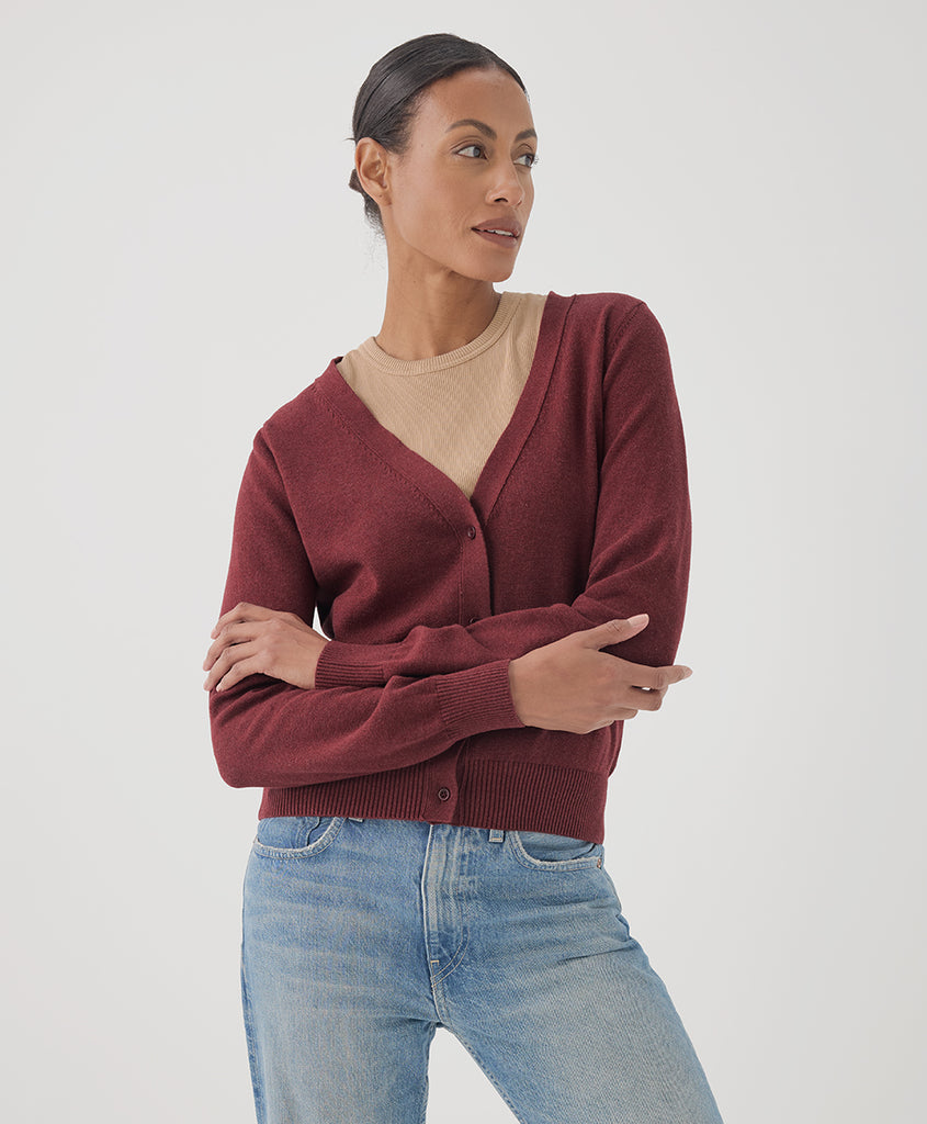 Pact Clothing GOTS Certified Organic Cotton Classic Fine Knit Cardigan in Pomegranate Heather