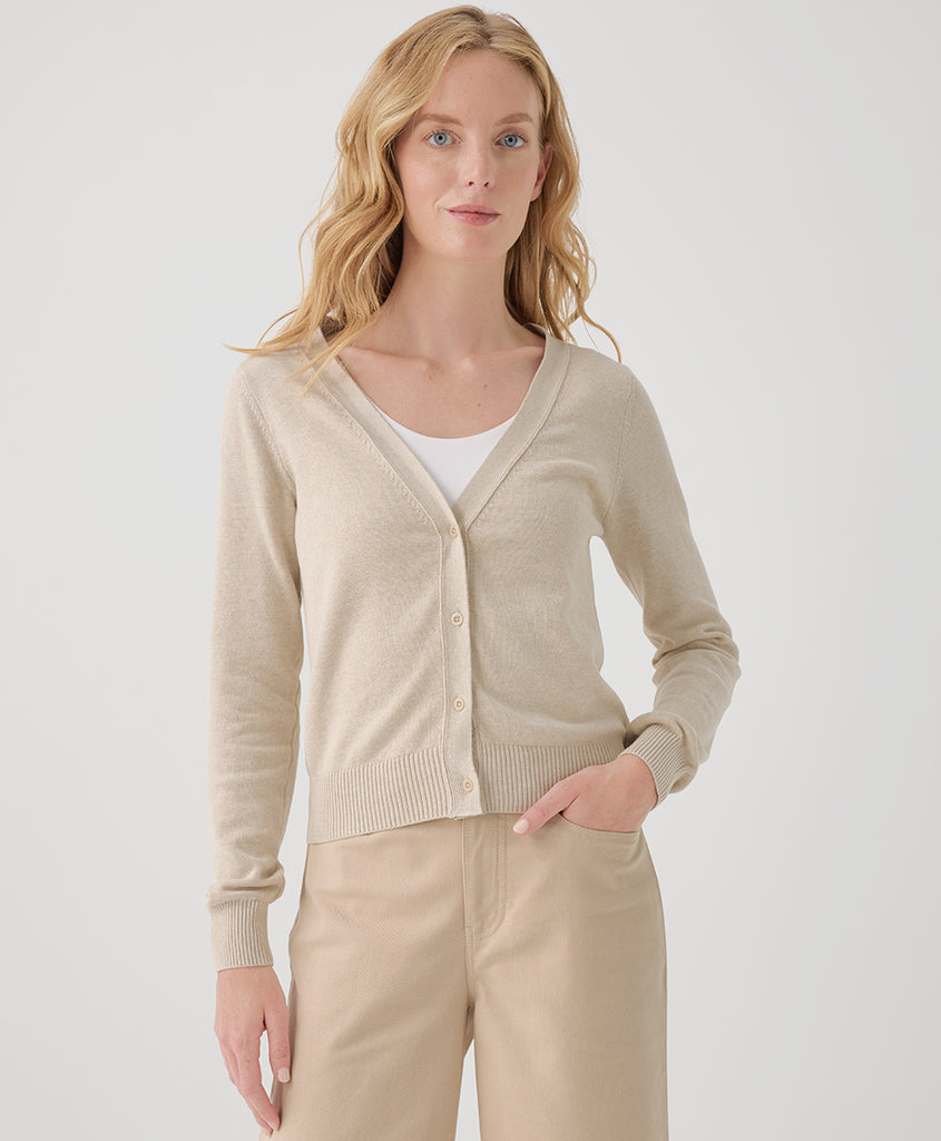 Pact Clothing GOTS Certified Organic Cotton Classic Fine Knit Cardigan in Sandshell Heather