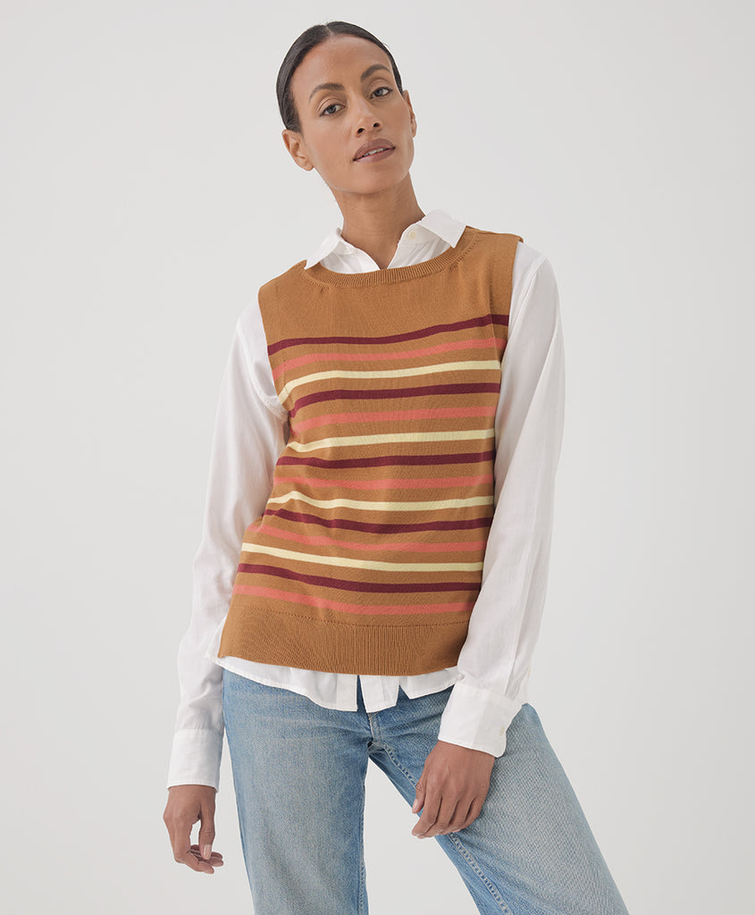 Pact Clothing GOTS Certified Organic Cotton Classic Fine Knit Sweater Vest Shell - Warm Spice Stripe