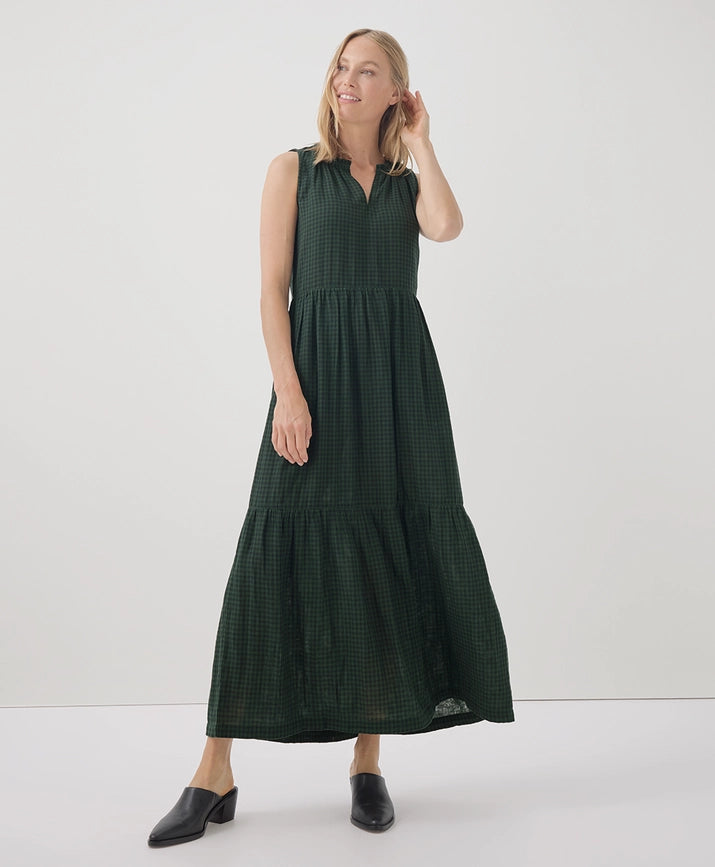 Pact Clothing GOTS Certified Organic Cotton Coastal Double Gauze Ruffle Maxi Dress in Mountain View Gingham