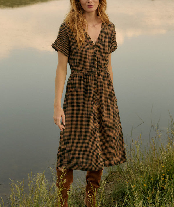 Pact Clothing GOTS Certified Organic Cotton Coastal Double Gauze Short Sleeve Dress in Harvest Gingham