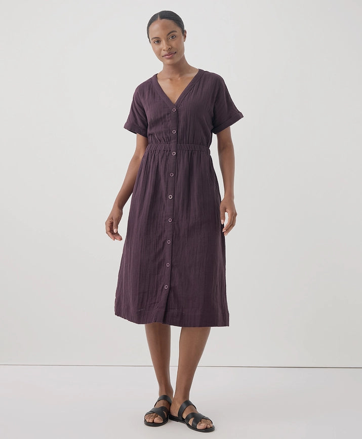 Pact Clothing GOTS Certified Organic Cotton Coastal Double Gauze Short Sleeve Dress in Plum