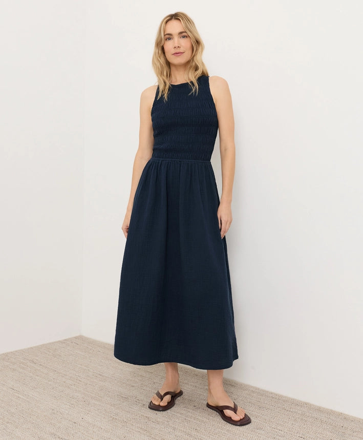 Organic Coastal Double Gauze Smocked Dress Navy / Large