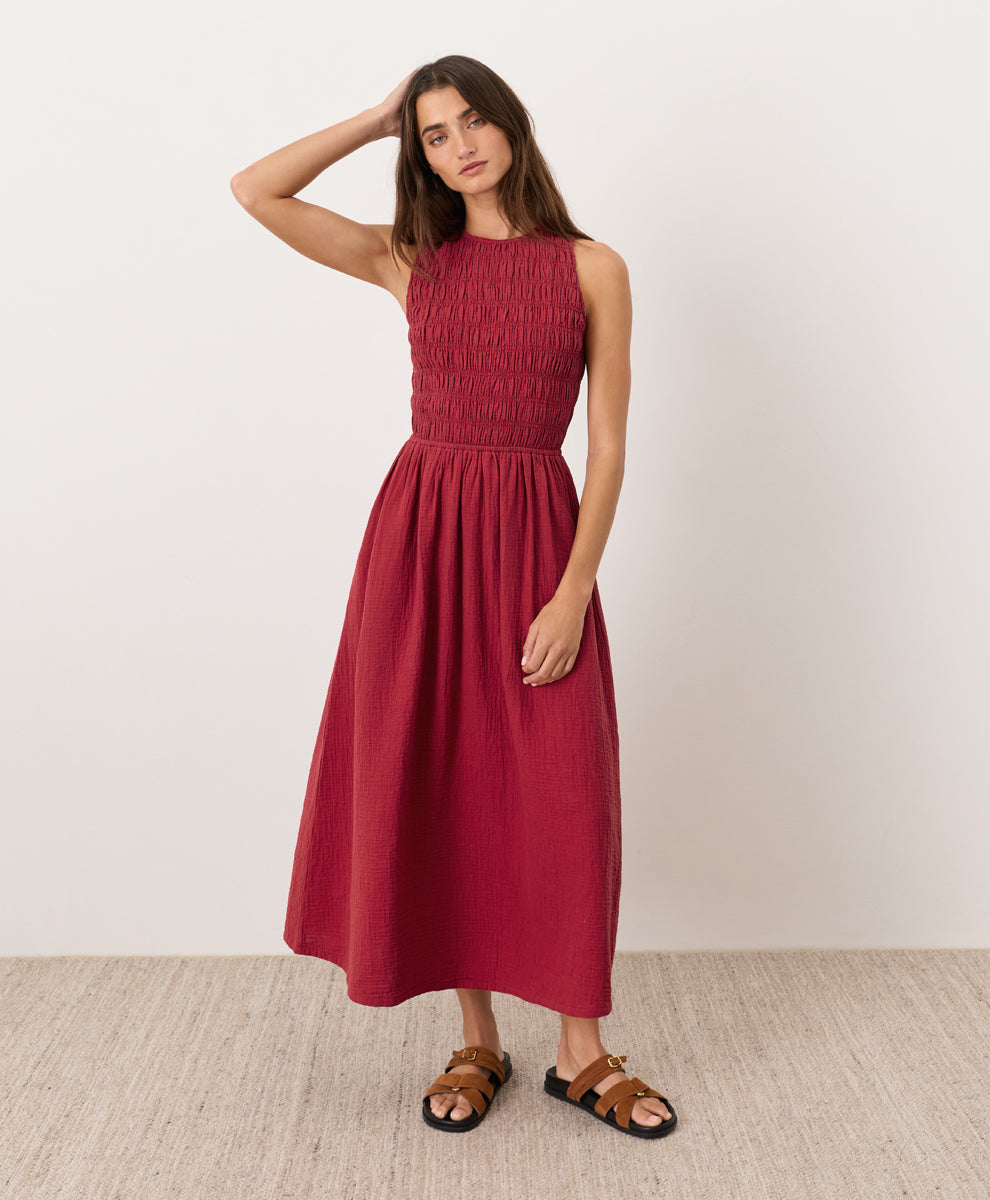 Organic Coastal Double Gauze Smocked Dress Poppy Red / Large