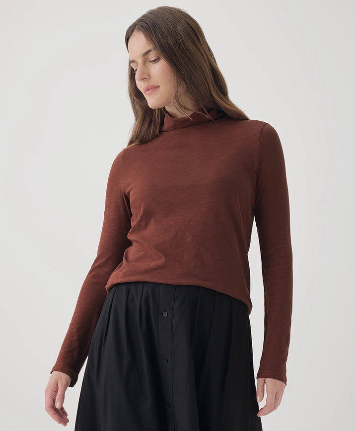 Pact Clothing GOTS Certified Organic Cotton Featherweight Slub Turtleneck in Mahogany