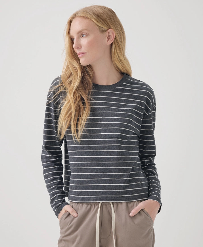 Pact Clothing GOTS Certified Organic Cotton Softspun Long Sleeve Pocket Tee - Charcoal Classic Stripe