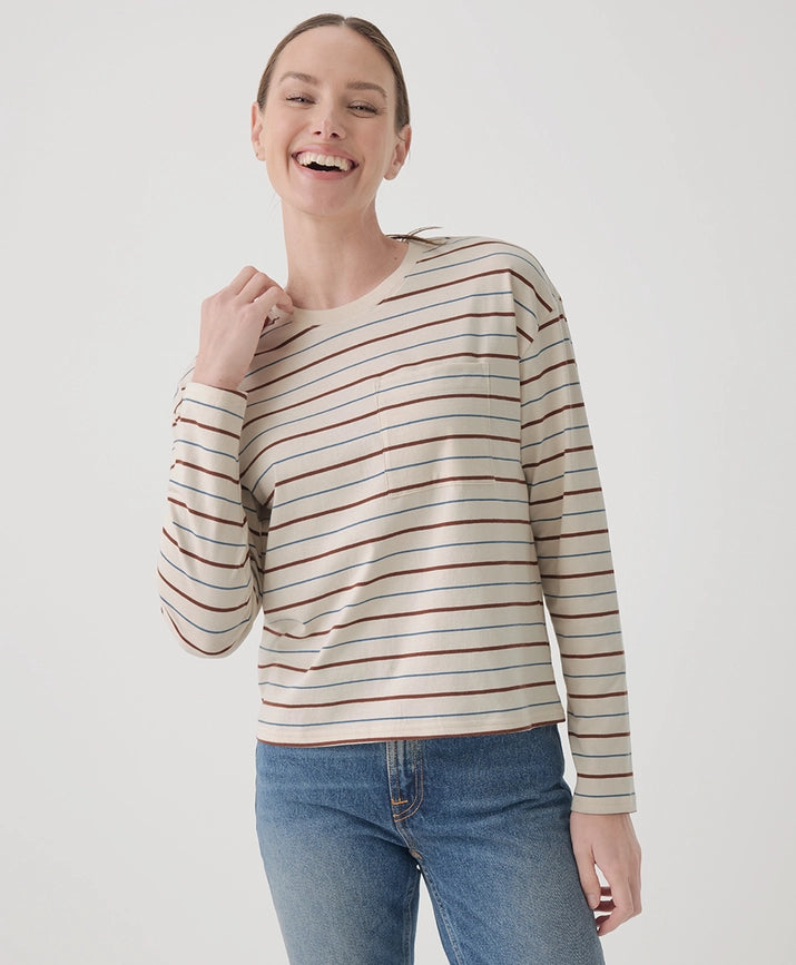 Pact Clothing GOTS Certified Organic Cotton Softspun Long Sleeve Pocket Tee - Sandshell Retro Stripe