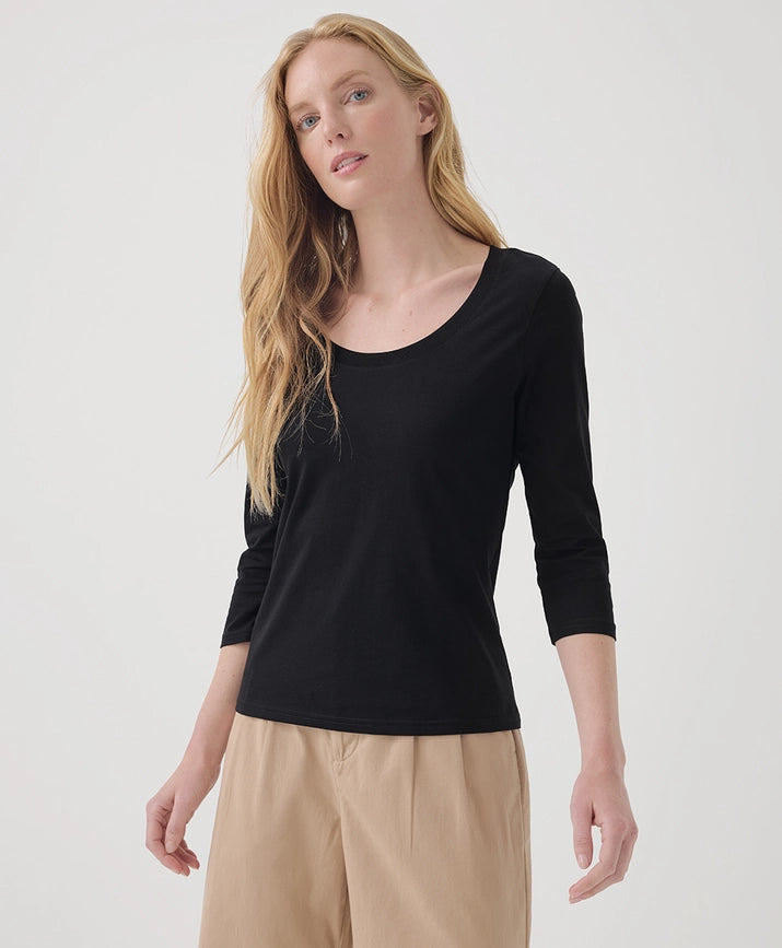 Pact Clothing GOTS Certified Organic Cotton Softspun Scoop Neck Three-Quarter Sleeve Tee in Black