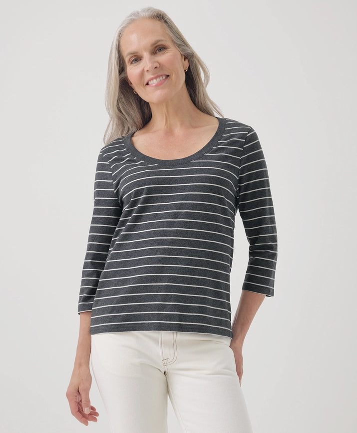 Pact Clothing GOTS Certified Organic Cotton Softspun Scoop Neck Three-Quarter Sleeve Tee in Charcoal Classic Stripe