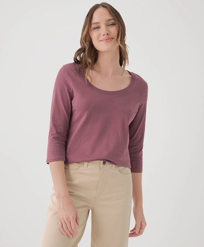 Pact Clothing GOTS Certified Organic Cotton Softspun Scoop Neck Three-Quarter Sleeve Tee in Mauve