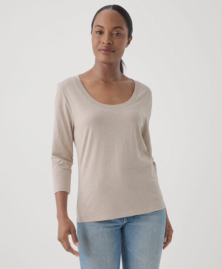 Pact Clothing GOTS Certified Organic Cotton Softspun Scoop Neck Three-Quarter Sleeve Tee in Wheat Heather