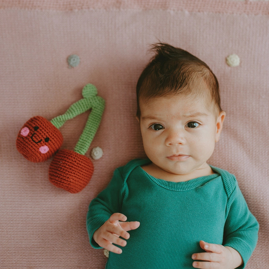 Pebble Handmade Fair Trade Organic Cotton Soft Friendly Cherries Rattle Baby Toy Terra Shepherd Boutique Apothecary