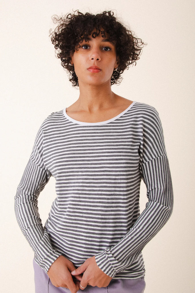 Prairie Underground Cotton Jersey Blend Long Sleeve Same Direction Tee in Oyster Stripe