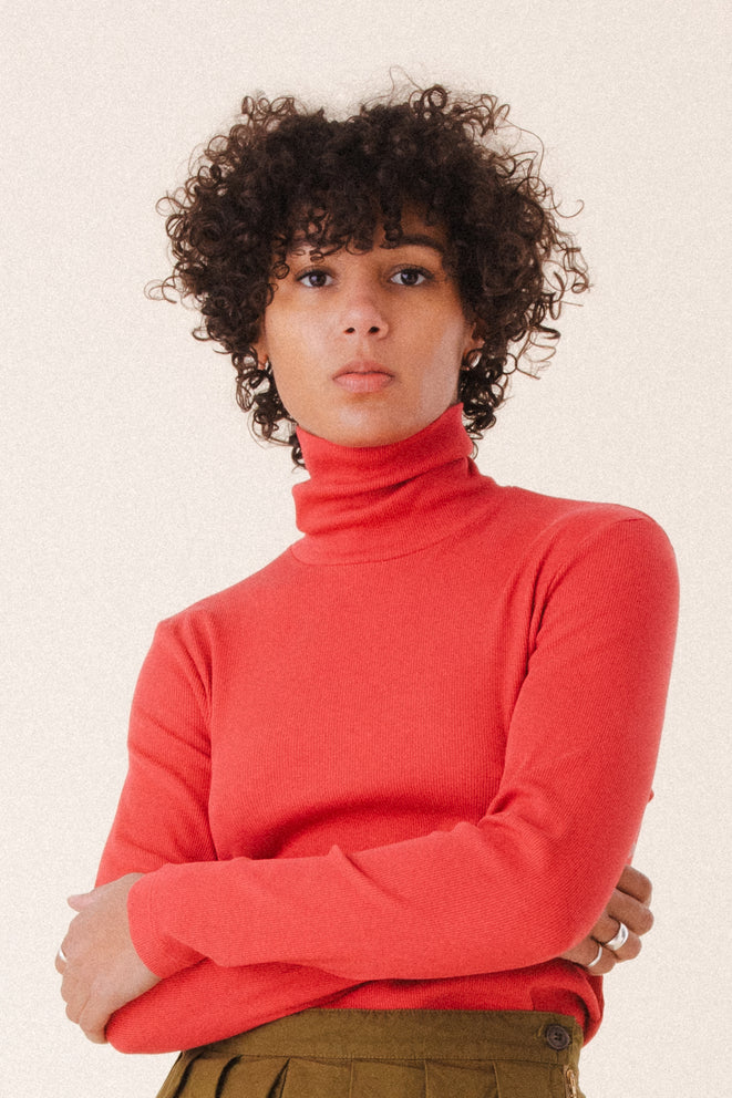 Prairie Underground Organic Cotton Spandex Blend Long Sleeve Core Layer Turtleneck Top in Lipstick