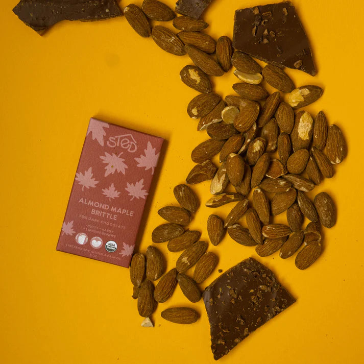 STED Chocolate Almond & Minnesota Maple Brittle Dark Milk Chocolate Bar