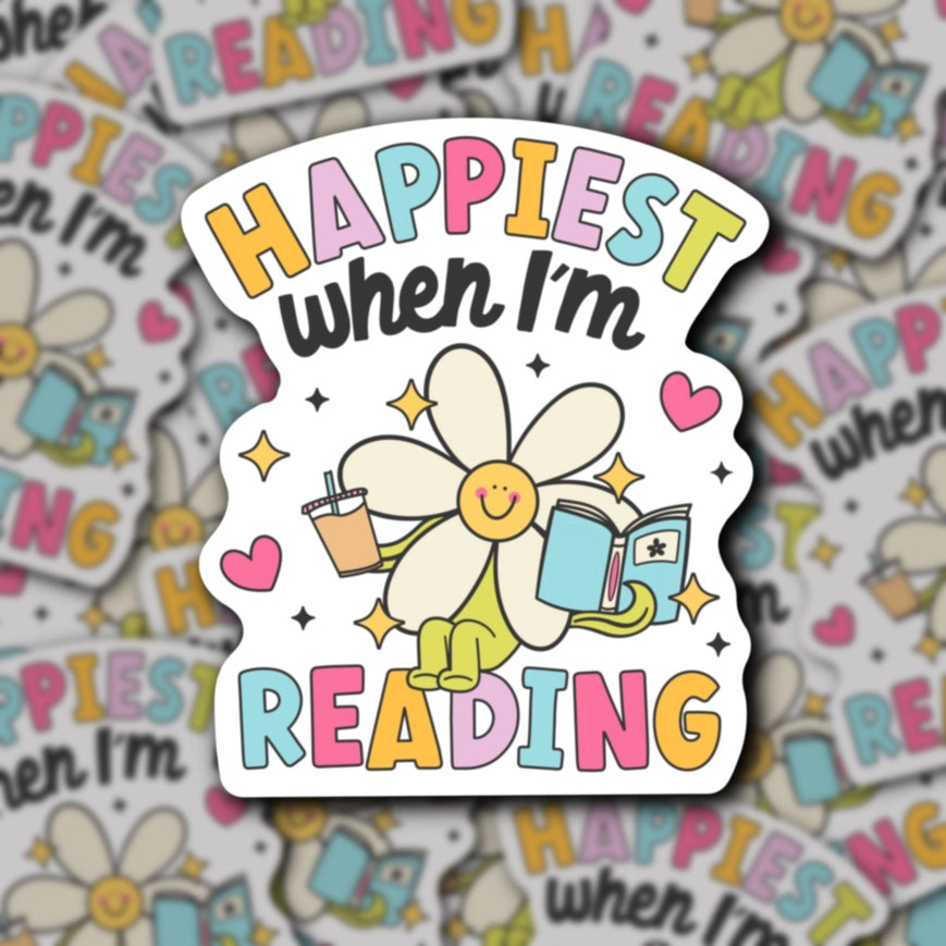 Sage and Virgo Sticker - Happiest When I'm Reading Retro Flower Bookish Sticker